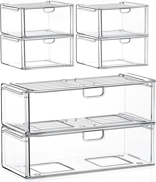 caktraie 6-Pack Acrylic Stackable Storage Drawers for Vanity, Desk, Bath | 2 large & wide 13" drawers, Smooth-glide, stackable, clear body, dustproof, wipe clean, for makeup, pantry jars, under sink