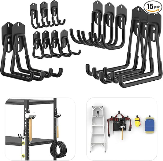 TORACK 15 PCS Garage Storage System Hooks, Shelving Hooks for Keyhole Shelving Units Wall Mount Utility Hooks for Tools, Ladders, Cords, Folding Chairs, Shovels and Rakes(Black)