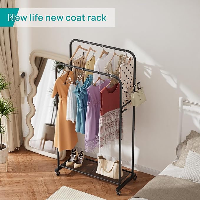 SINGAYE Wardrobe Standing Closet Clothing Rack With Shelf Hanging Clothes | Wardrobe Open Compact Small Metal Garment Hanger Stand Alone Free Standing Black Closet Rack Storage Organizer Heavy Duty