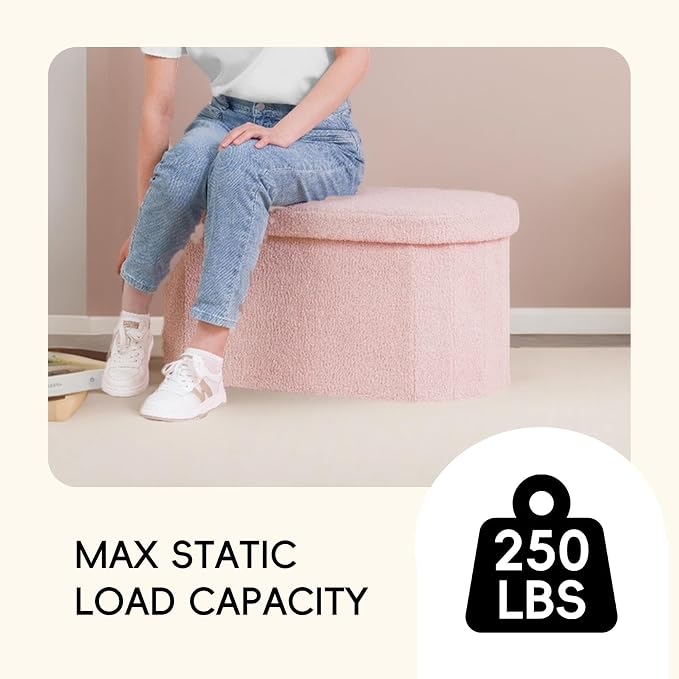 PINPLUS Storage Ottoman Bench Tufted Oval Ottomans for Living Room Foot Rest, Chest Box Velvet Bench with Storage, Pink 30"x15"x15" (Pink)