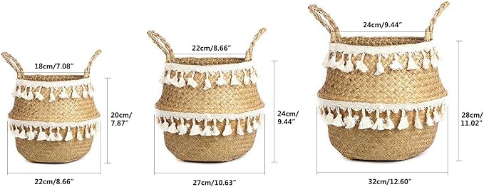 Tassel Macrame Woven Seagrass Belly Basket for Storage, Decoration, Laundry, Picnic, Plant Basin Cover, Groceries and Toy Storage (Medium, Tassel)