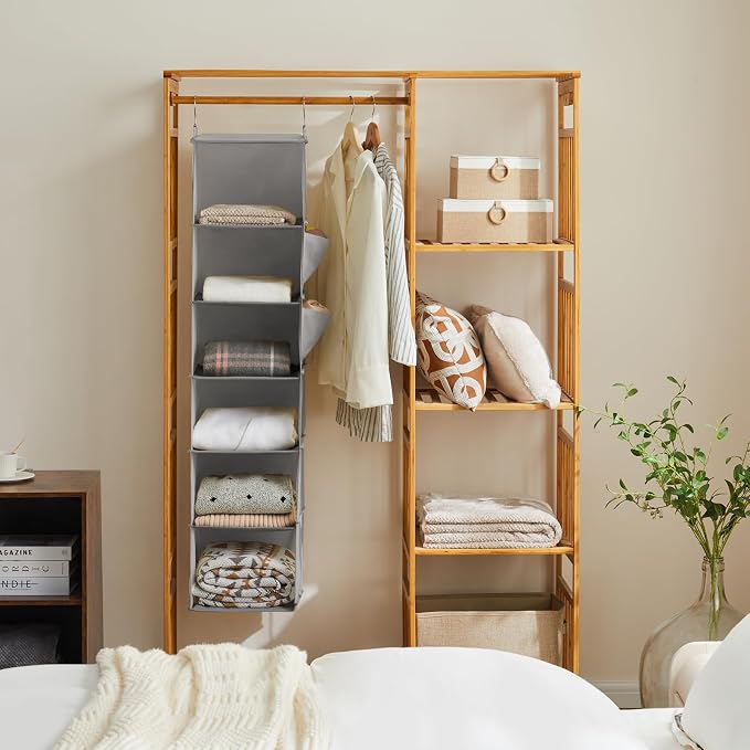 YOUDENOVA Hanging Closet Organizer and Storage, 6-Shelf Closet Hanging Storage Shelves, Light Grey