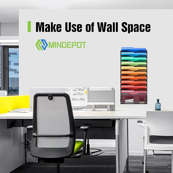 MINDEPOT 11 Tier Wall File Holder Hanging Wall Mount Paper File Organizer for Mails Folders Document Magazine Organization, for Office School Home, Black