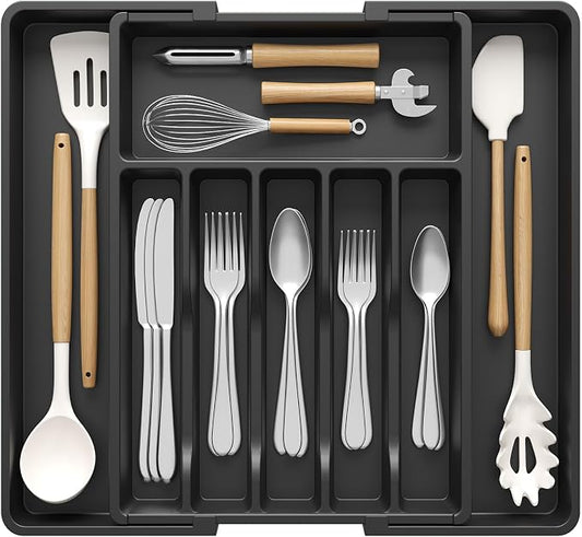 Lifewit Silverware Drawer Organizer, Expandable Utensil Tray for Kitchen, BPA Free Flatware and Cutlery Holder, Adjustable Plastic Storage for Spoons Forks Knives, 33 -57 x 42cm, Black