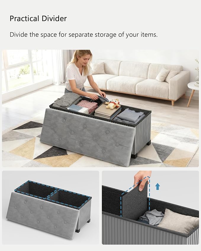 LITZFUR 43 Inches Storage Ottoman Bench, Velvet Foot Rest Stool, Grey | Folding Ottoman with Legs, End of Bed Bench, Storage Chest for Living Room, Bedroom