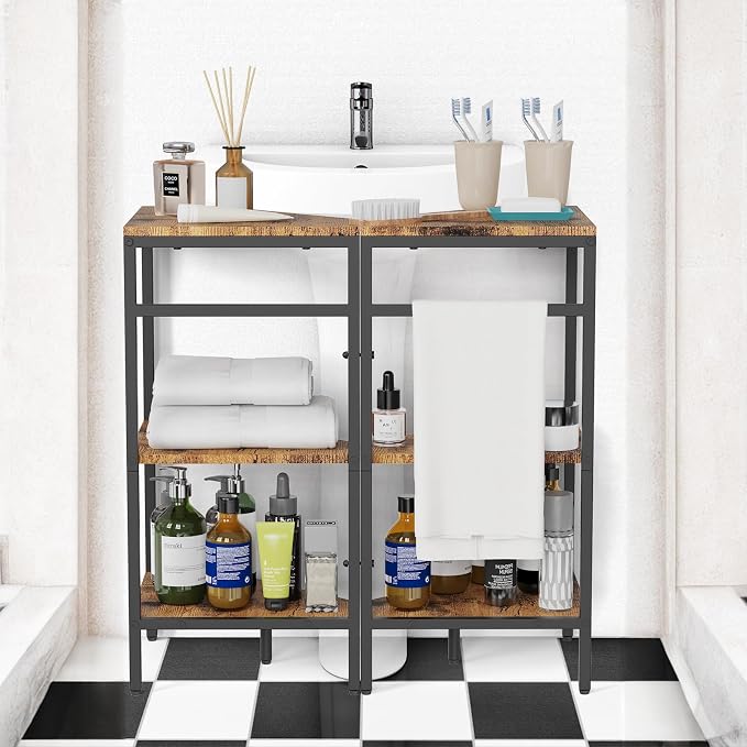 CADUKE Pedestal Sink Storage, 2 Pack Under Sink Organizer Shelf Bathroom Under Vanity Storage Shelf for Small Space, Bathroom Organizers Rack Stand 3 Tier Wooden Corner Shelves, Rustic Brown