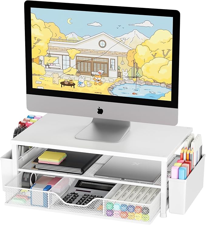 OPNICE Desk Organizers and Accessories, Computer Monitor Stand Riser with Drawer and 2 Pen Holders, Printer & Laptop Stand, Office Desk Accessories & Workspace Organizers for Home Office Supplies, White Wood