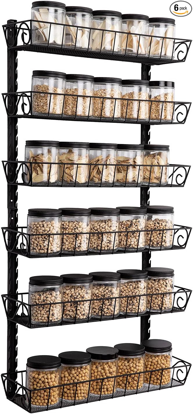 SWOMMOLY Adjustable Wall Mount Spice Rack, 6-Tier Dual-use (Multi-use) Organizer, Black | Hanging Spice Rack Organizer, Kitchen Pantry Cabinet Storage Holder for Spices, Mason Jars, Bottles & Cans, Black