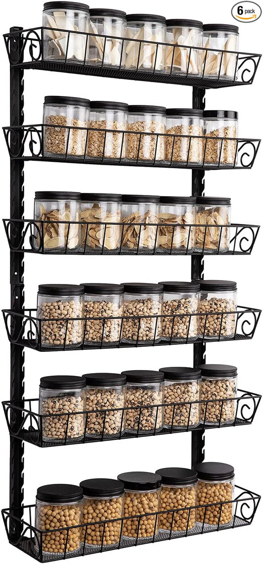 SWOMMOLY Adjustable Wall Mount Spice Rack, 6-Tier Dual-use (Multi-use) Organizer, Black | Hanging Spice Rack Organizer, Kitchen Pantry Cabinet Storage Holder for Spices, Mason Jars, Bottles & Cans, Black