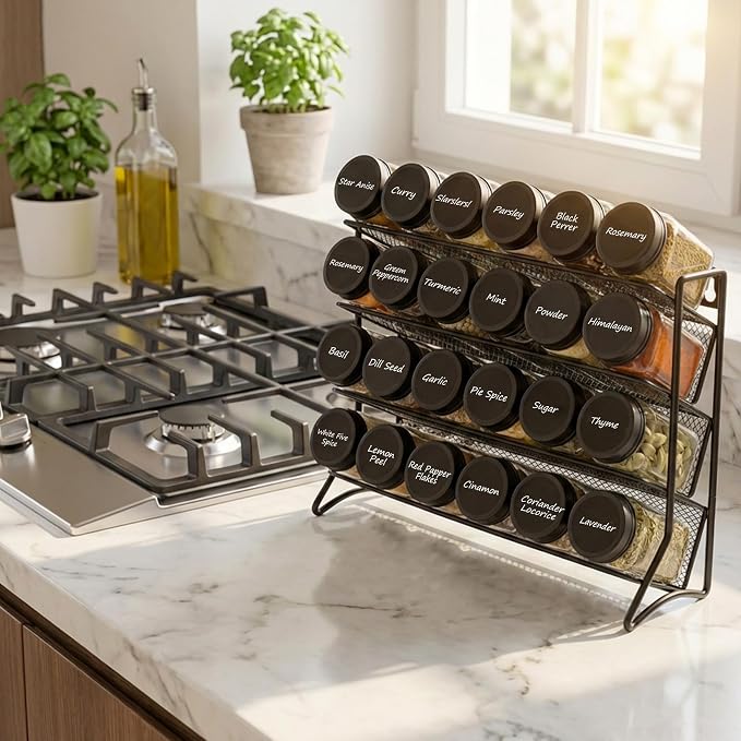 DIDITIME Spice Rack Organizer with 24 Glass Jars and 60 Labels, 4-Tier Seasoning Organizer for Cabinet, Countertop, Pantry or Wall Mount, Rust-Resistant Carbon Steel Spice Jar Set with Marker