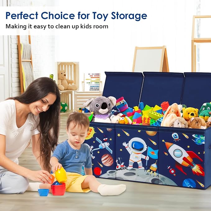 Large Toy Box Collapsible Chest Organizer with Flip Lid for Kids | Oxford Storage Box with Handle for Boy Girl Sturdy Waterproof Organizing Decor for Bedroom Playroom Nursery 37.7×12.5×15.7''