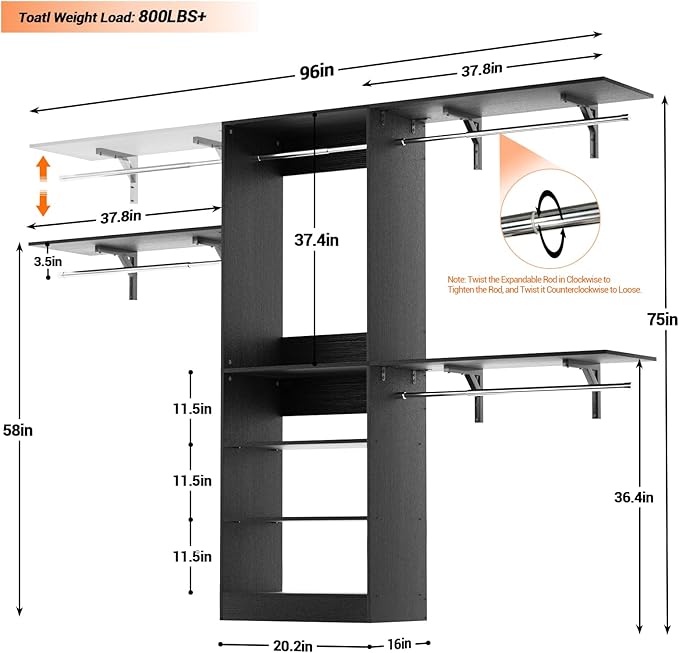 8FT Closet System with 3 Wooden Storage Shelves, 96'' Closet Organizer System with 3 Hanging Rods, Wall Mount Bedroom Wardrobe Walk-in Closet, Adjustable Garment Rack from 5 to 8FT (Cut to Fit), Black