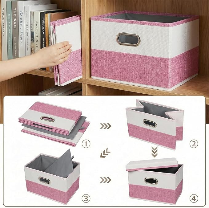 PRANDOM Storage Bins with Lids [3-Pack] Linen Fabric Foldable Storage Boxes Organizer Containers Baskets Cube with Cover for Bedroom Closet Office Pink&White（11.4X8.6X6.7