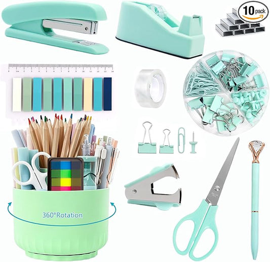 Office Supplies,Green Desk Accessories,Office Supplies Set,Desk Organizer,Stapler,Tape Dispenser,Scissors,Staple Remover,Binder Clips,Staples,Ballpoint Pen,Index Tabs with Ruler,Clear Tape.10pcs