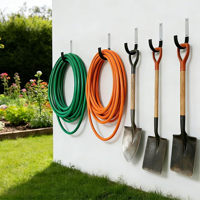 GeeWatom Heavy Duty Steel Garage Hooks,Garage Storage Utility Hooks,Heavy Duty Garage Garden Tool Organizer,Steel Wall Mount Hooks, Garden Hose Hanger, Black U Hooks (Dark Brown-2PC)