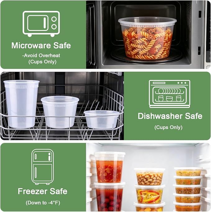 Deli Containers with Lids 48 Sets, 32/16/8 oz X 16 Set Each | BPA Free Plastic Food Containers with Lids for Soup and Takeout Meal Prep Storage, Freezer, Microwave and Dishwasher Safe