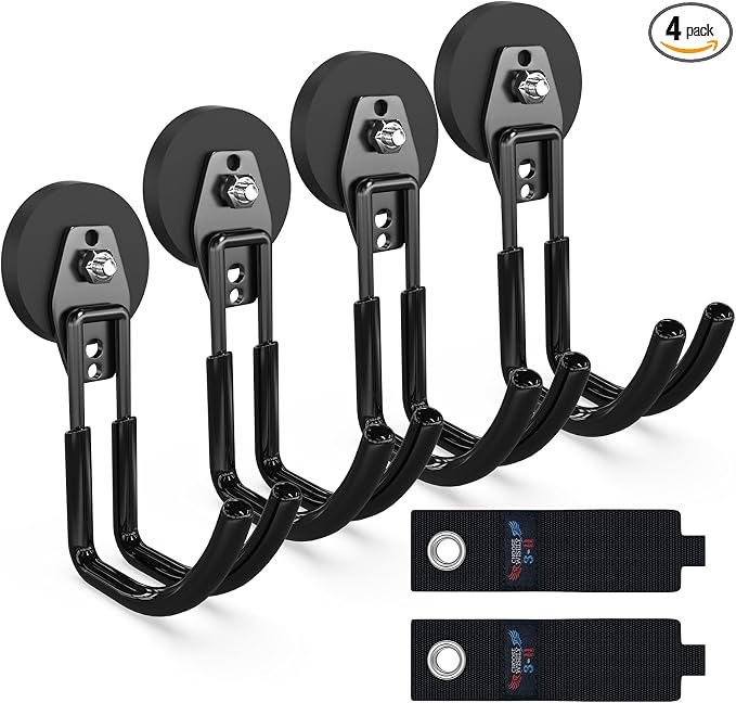 3-H Heavy Duty Magnetic Hooks, Large Magnet Hooks,4 Pack Black | No-Drill Tool Holder for Garage,Power Drill,Garden Tools,Hose Storage