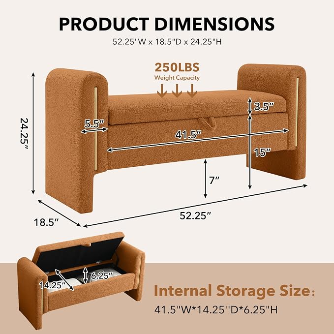 NIOIIKIT 52" Storage Ottoman Bench, Teddy Upholstered Storage Bench with Armrest, Entryway Bench with Pull-Ring, End of Bed Bench, Window Bench for Living Room (Coffee)