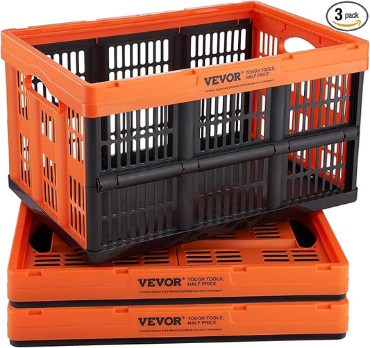 VEVOR 45L Collapsible Milk Crates 3 Packs, Stackable Storage Baskets with Handles, Folding Storage Containers for Organizing Tools, Books, Food, Drinks, Camping & Transport