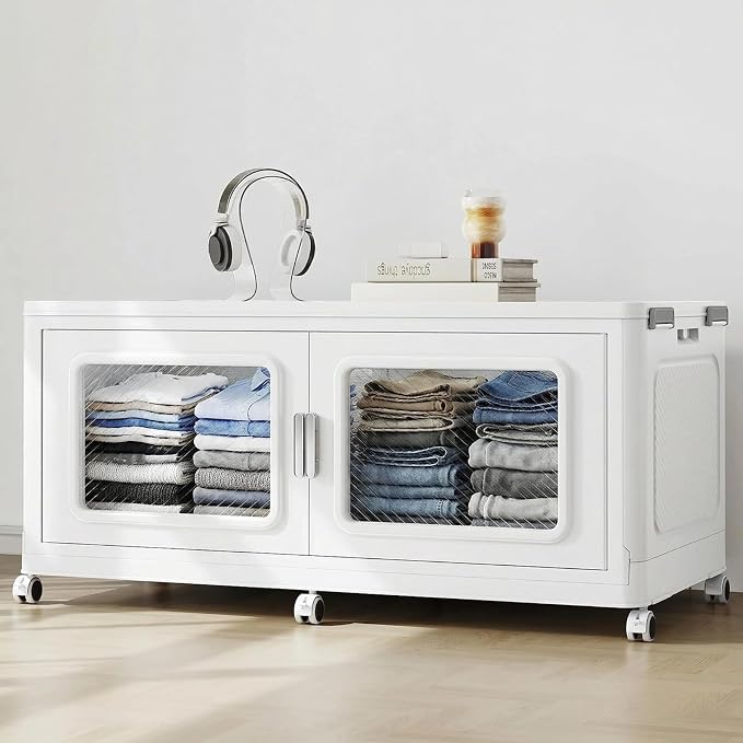 BROVIEW 300 Qt/75 Gal Stackable Storage Bins with Lids, 1 Pack, White | Large Stackable Storage Boxes w/ 1 Lid Folding Plastic Cart Organizer for Home Kitchen, Open Front Clear Door with Wheels