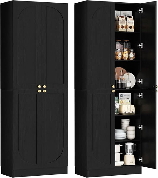 Cyclysio 80" Kitchen Pantry, Extra Tall Arch Storage Cabinet with 4 Soft Close Doors and Adjustable Shelves, Freestanding Wood Cupboard with Seamless Fit Wall for Dining Living Room (Black, 1 Pack)