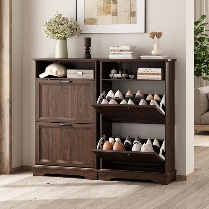 24" W Hidden Shoe Storage Cabinet with 2 Flip Drawers & Open Storage | Farmhouse Modern Shoes Rack Cabinet,Adjustable Shelves, Narrow Slim Shoes Organizer for Front Door Entrance, Entryway, Walnut