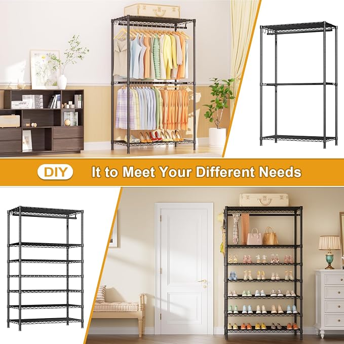 E13 Max Heavy Duty Clothes Rack（With 4 Hanger Rods & 8 Shelves） Freestanding Clothing Racks for Hanging Clothes，Adjustable Closet，Metal Garment Rack 86" W x16 D x77 H，Max Load 1100LBS，Black