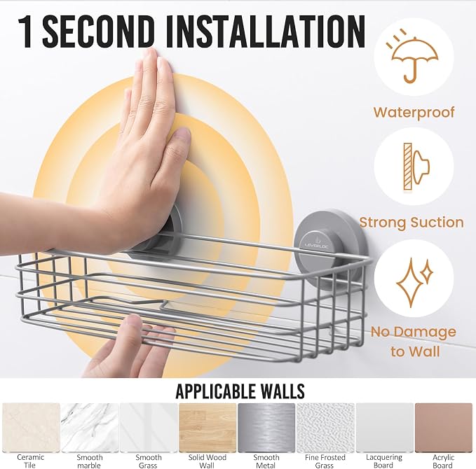 LEVERLOC Shower Caddy Suction Cup, 2 Pack Shelves for Inside with Hooks | Grey Shower Storage, Soap Holder, Shampoo Holder, NO Drill Shower Holder, Rustproof Meatl Bathroom Basket