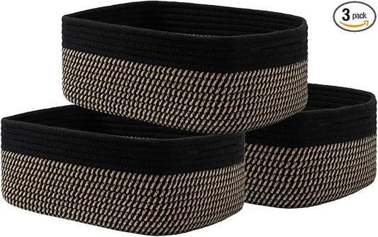 KALLAX Small Woven Storage Basket for Organizing, 13.5x9.5x5 inches, 3 Pack | Shelf baskets for closet organization, toy storage and home decor, Perfect as empty gift baskets for holidays, Black & Brown