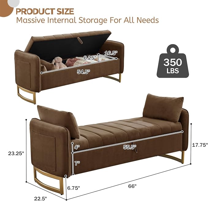 66'' King Size Storage Bench for Bedroom, Teddy Boucle End of Bed Benches for Foot of Bed, Storage Ottoman Bench with Golden Legs and Pockets for Living Room Window Entryway, Blrown