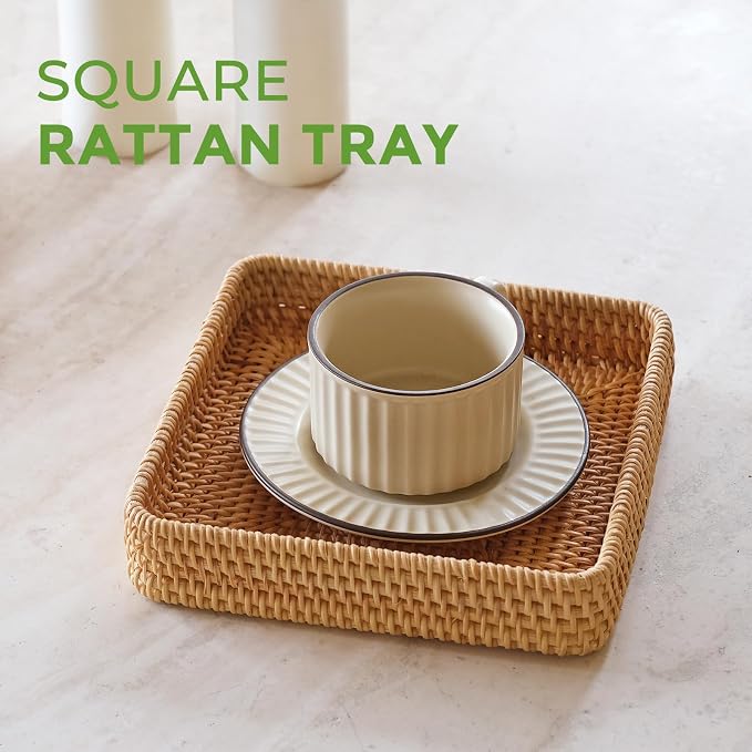 Rattan Serving Tray, Square Wicker Storage Basket for Organizing | Natural Rattan, Decorative Serving Woven Trays Wicker Baskets for Storage, Home Decor, Bathroom, Kitchen Counter