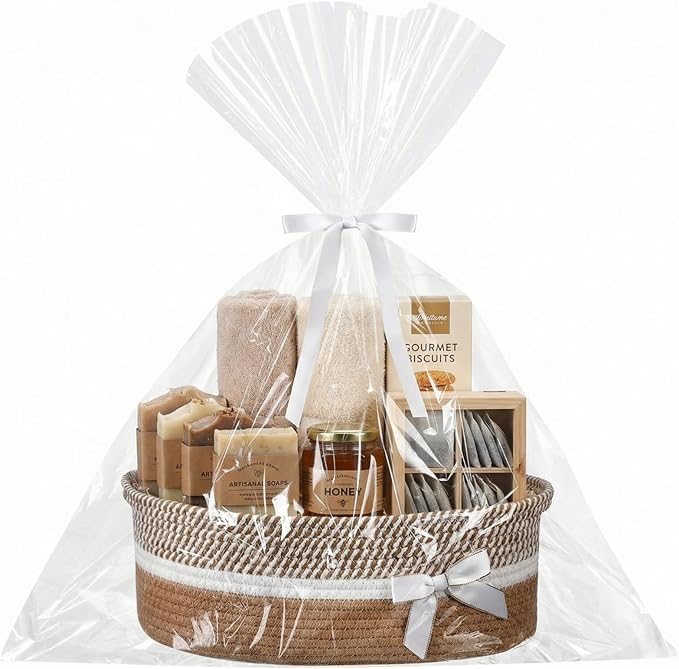 Colingmill 1 Set Woven Empty Basket for Gift,Khaki White | with Cellophane Wrap Set, 14 x 10 x 5.5 Inch, Medium Decorative Gift Basket, Cotton Rope Storage Box, Home Decor