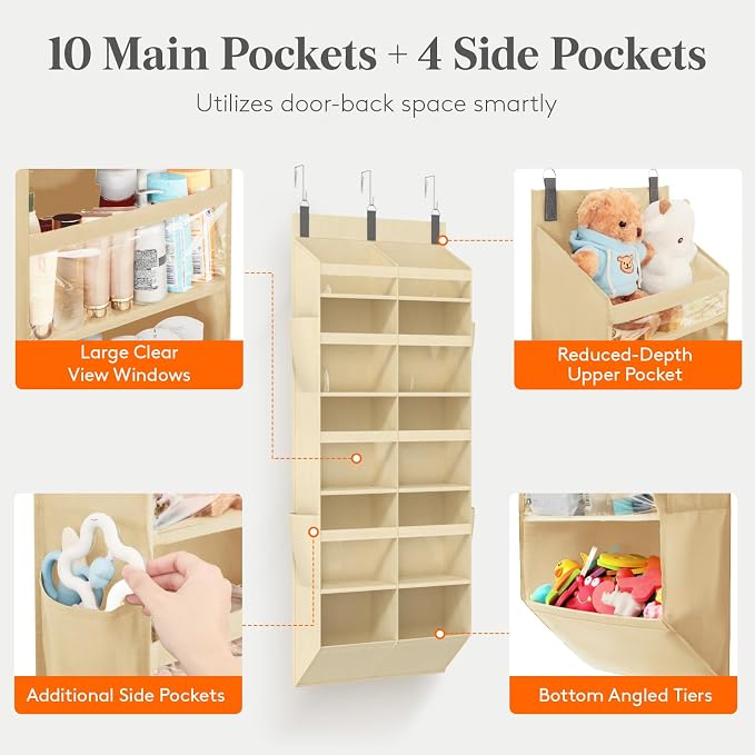 Lifewit 1 Pack Over the Door Organizer, 10 Section Clear Window Hanging Storage with 4 Side Pockets, Sturdy Anti Tilt 40 lbs Load Behind Door for Closet, Bedroom, Bathroom, Nursery, Dorm, Beige