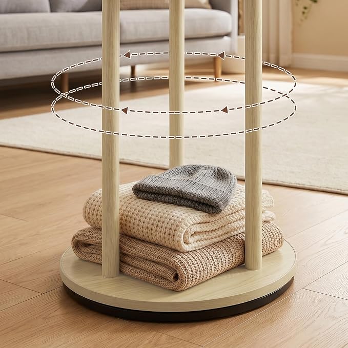 YYW 360° Wood Coat Rack Stand With Hooks And Shelves Standing Organizer | Free Standing Rotating Organizer, Includes 9 Hooks And 3 Shelves, Perfect For Bedroom, Hallway, Small Space
