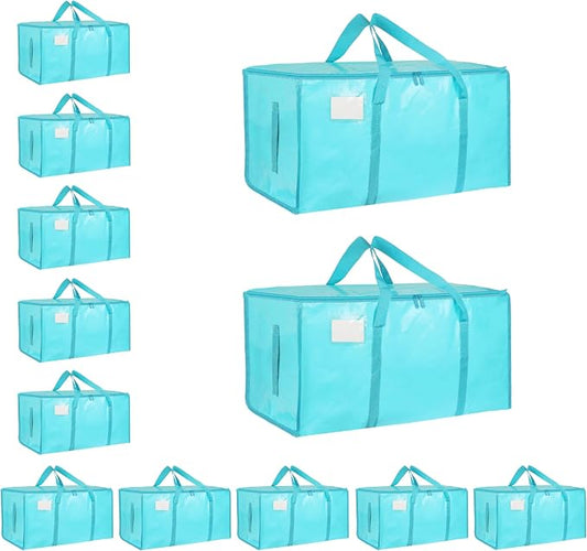 12 Pack-Extra Large Heavy Duty Moving Bags - Waterproof Storage Totes with Handles & Zippers, Foldable for College Dorm, Storage (lake blue)