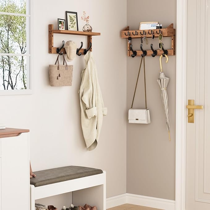 Evermagin 35" Coat Rack Wall Mount with Shelf & 13 Hooks, Entryway, Brown | 4-in-1: coat hooks, key hanger, mail holder & display shelf. Pine wood. For bedroom, hallway, mudroom, livingroom