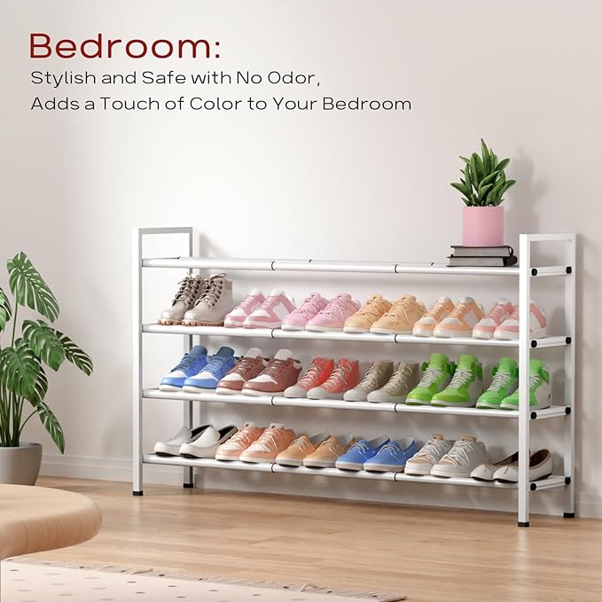 Bumusty 4 Tier Long Expandable Shoe Rack for Closet, White | 18"-44" Adjustable Shoe Rack for Entryway, Shoe Organizer for Dorm, Front Door, Sturdy Metal