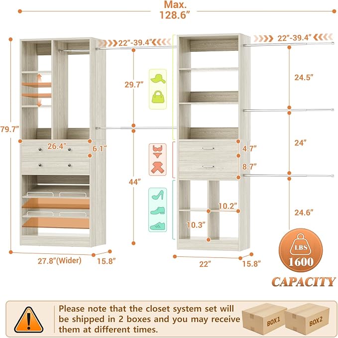 Besiost Closet System, Up to 128.6"/10.7 FT Closet Organizer with 4 Wooden Drawers and Shelves, Walk-in Closet System with 6 Hanging Rods, Built-in Closet Fit 96"/8FT, 120"/10FT, Greige Oak Set 2