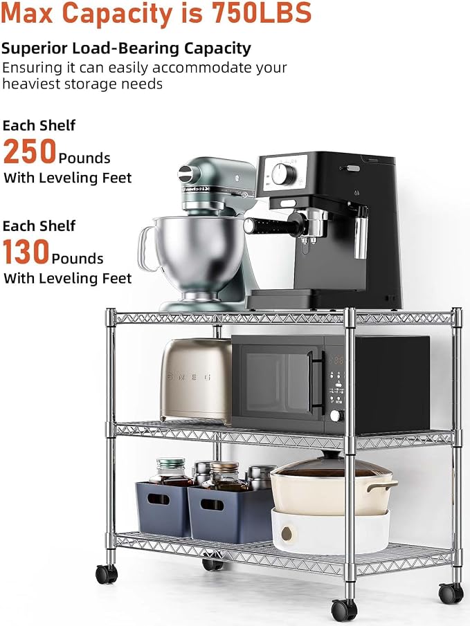 Simple Deluxe Heavy Duty 3-Shelf Shelving Unit, 24.02" D x 13.78"W x 21.97" H, 3 Tier, Chrome
