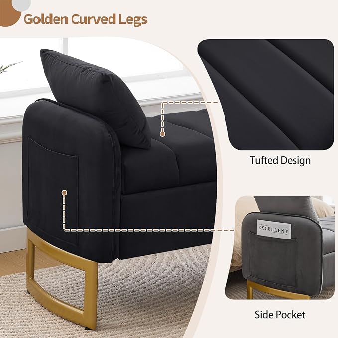 End of Bed Storage Bench, 51'' Velvet Storage Benches for Queen Size Bedroom Foot of Bed, Storage Ottoman Bench with Golden Legs and Pillow for Living Room Window Entryway, Black