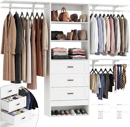 8FT Closet System with 3 Curved Drawers, 96'' Wooden Walk-in Closet Organizer with 3 Top Shelves, Adjustable Organizer System with 3 Hanging Rods, Built-in Wardrobe Storage Rack for 4-8 ft, White