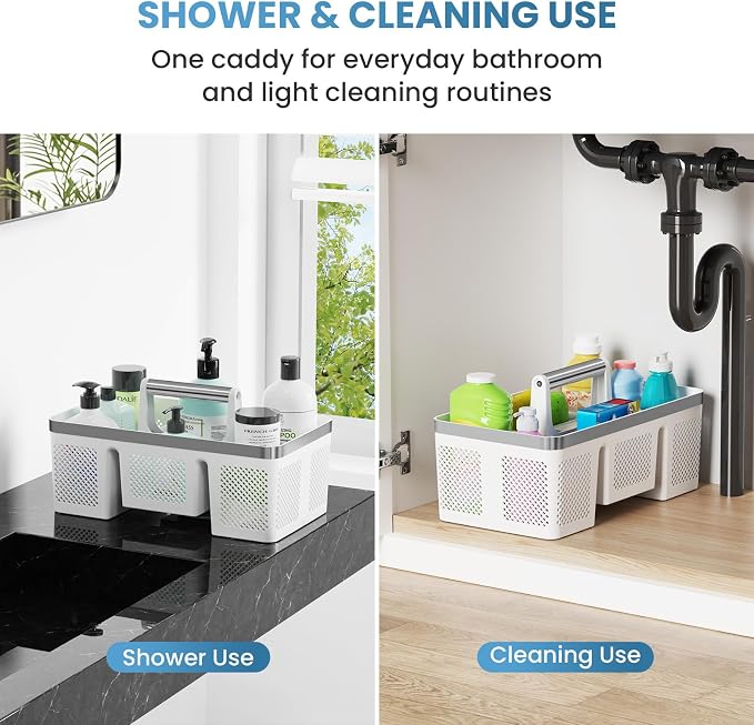 BYUNER 2Pack Plastic Shower Caddy: Portable Shower & Bathroom Caddy Tote with Handle, 4 Divided Compartments, Hard Plastic Shower Basket with All-Side Drainage for College Dorm Room Essentials