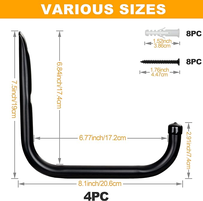 KURUI Wall Hooks for Garage Garden, 4 Pack Water Hose Holder, Large Garage Storage Hanger for Ladder Bike Extension Cord Tool, Wall Mount l Hooks, Black Heavy Duty 8 inch Long Hook