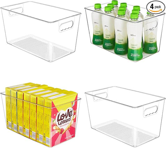 YIHONG Clear Plastic Storage Bins, 4 Pack Pantry Organizer Bins with Handle for Kitchen, Freezer,Cabinet,Closet Organization and Storage(XL)