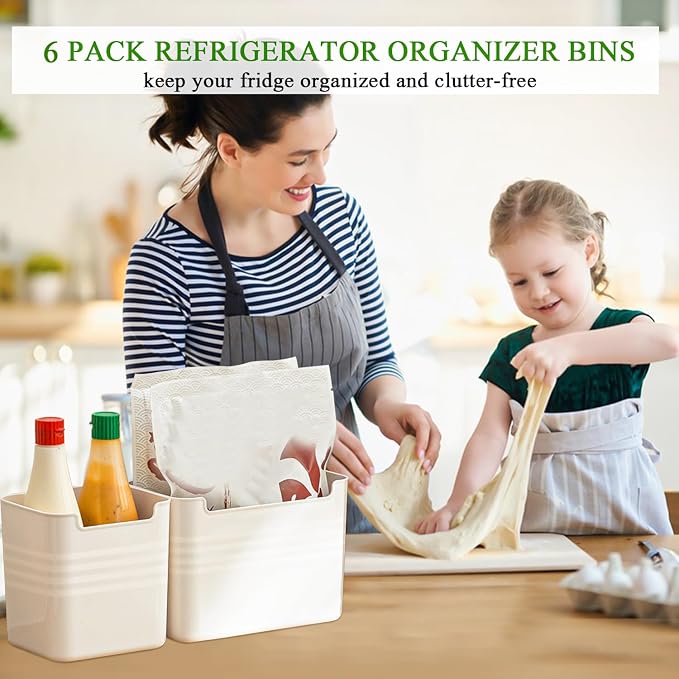 6 Pack Refrigerator Organizer Box, Plastic Refrigerator Side Door Storage Containers, Space-Saving Organizer Bins for Refrige, Refrige Drawers for Fruit and Vegetable (White,S×6)