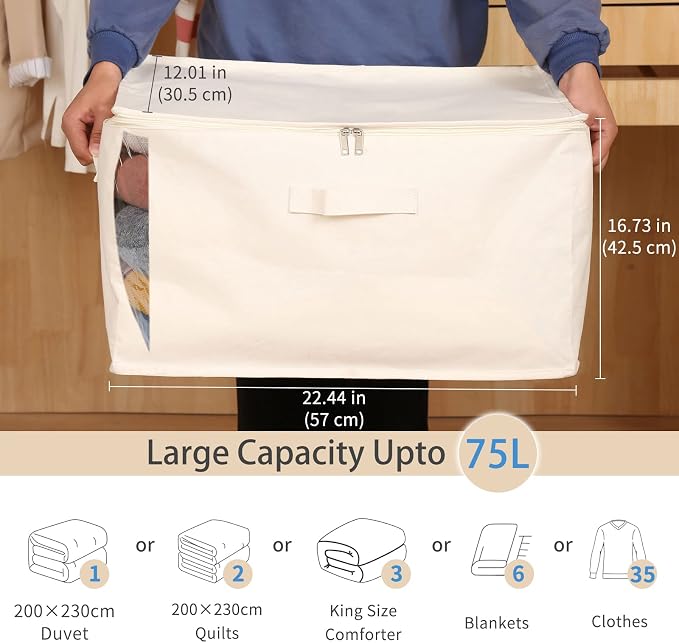 3 Pack Canvas Comforter & Blanket Storage Bags with Clear Window, Beige | Large Capacity, Cotton Linen Fabric, Reinforced Handles, Foldable Design for King Comforters, Clothes and Blankets Storage