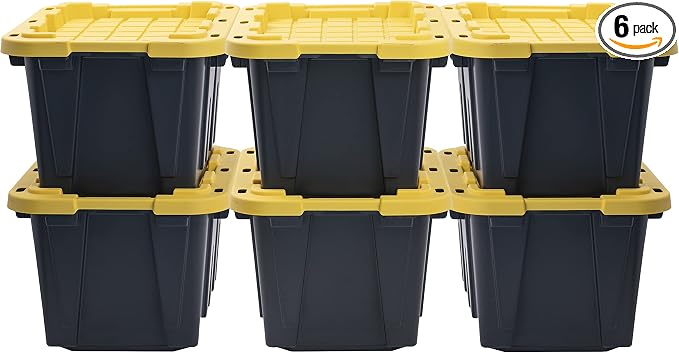 CX Heavy Duty 12-Gallon Stackable Plastic Storage Bins with Lids, 6 Pack | Storage totes for garage organization, Stackable containers, weather-resistant, snap lid, 12.5H x 16.3W x 21.8D, Black/Yellow