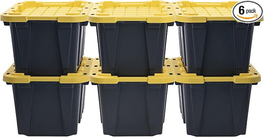 CX Heavy Duty 12-Gallon Stackable Plastic Storage Bins with Lids, 6 Pack | Storage totes for garage organization, Stackable containers, weather-resistant, snap lid, 12.5H x 16.3W x 21.8D, Black/Yellow