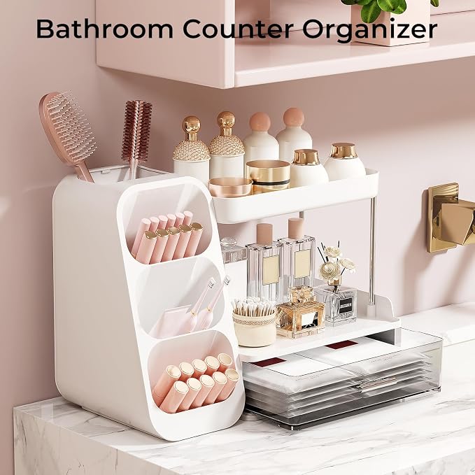 UFORU Makeup Organizer Countertop with Brush Holder for Vanity Bathroom | 3 Tiers Design, Large Capacity, Thickened Plastic, Detachable Brush Holder, Clear Drawer, Quick Access, Space-Saving