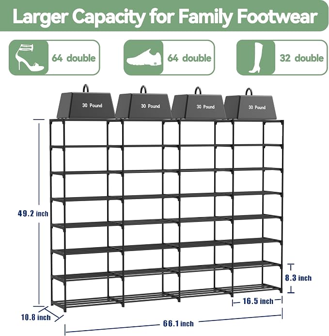 Large Shoe Rack Organizer, 4-Row 8-Tier Tall Shoe Storage Shelf for Closet, Entryway, Garage, Metal Free Standing Shoe Holder for 56-64 Pairs Shoes, Sturdy Stackable Shoe Stand for Bedroom